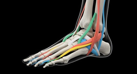 Detailed anatomical illustration of the human foot showing tendons, arteries, veins, and nerves, ideal for educational, medical, or scientific content.