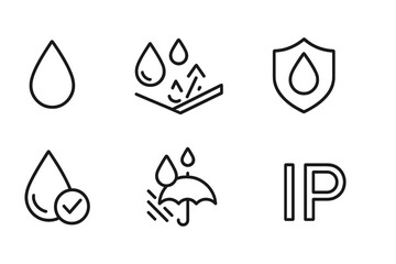 Waterproof line icon set. Water resistant, drop, moisture, waterproof material, water protection, and IP rating vector icons. Outline pictogram for web and technology.