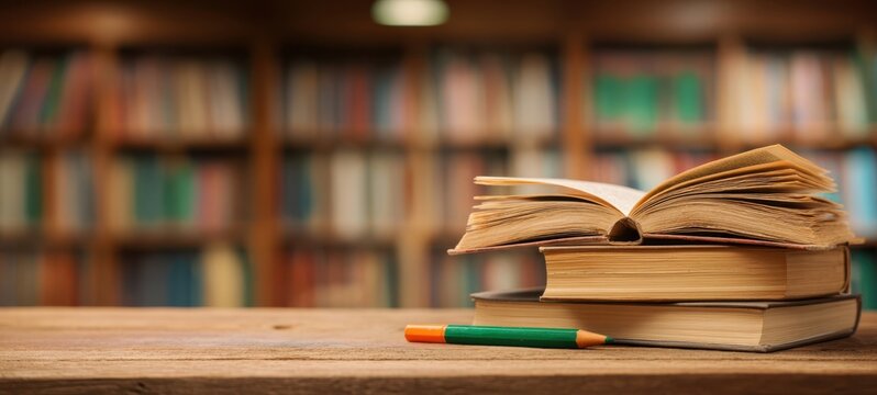 The open book resting on a stack of literature in a cozy library setting.