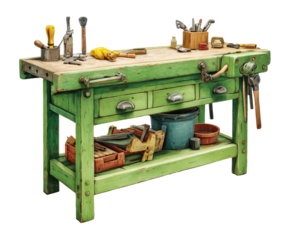 Green workbench, tools scattered, wooden,  vintage