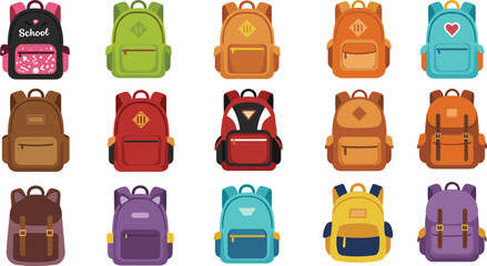 Colorful cartoon school backpacks collection, kids bag set for education, cute student backpack illustrations isolated on white background