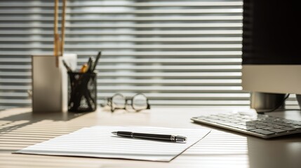 A minimalist office desk holds a blank paper sheet with morning sunlight streaming through blinds and workspace essentials softly blurred.