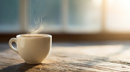 A steaming coffee cup on a rustic wooden table, bathed in soft morning light.