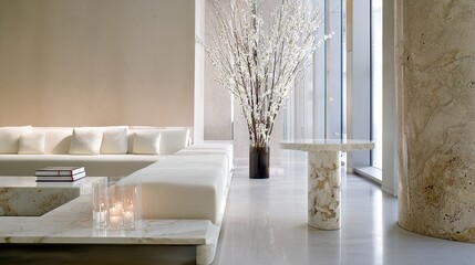 Contemporary lounge featuring a minimalist sofa and marble accents, showcasing clean lines and sophisticated design.