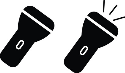 Hand torch flashlight set, black vector collection of electric lantern group in flat style, portable light, battery lamp, emergency beam outline, glowing tool icon bundle