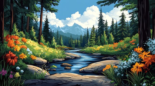 Colorful mountain stream scene with vibrant flowers.