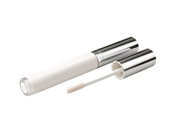 A clear lip gloss tube with a silver cap and applicator