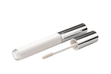A clear lip gloss tube with a silver cap and applicator