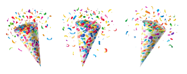 Colorful confetti cones exploding with festive confetti