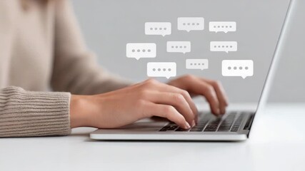 Hands typing laptop keyboard with chat bubbles floating above screen - Powered by Adobe