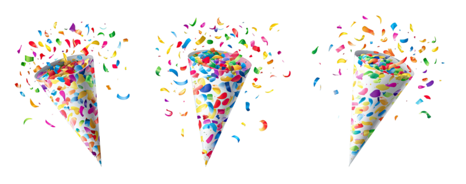 Colorful confetti cones exploding with festive confetti