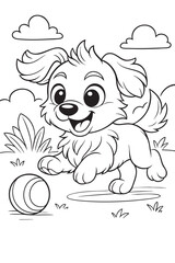 Adorable cartoon puppy running and playing with a ball on a sunny day. Simple line drawing for kids coloring book. 