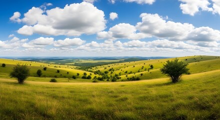 Fototapeta premium Rolling Hills and Clean Sky Landscape with Scattered Trees