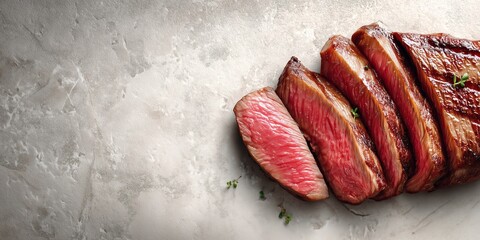Sliced rare beef on a wooden cutting board, garnished with herbs, on bright background. The image captures the rich texture and succulent appeal of the meat.