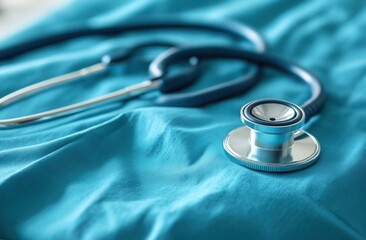 Close-Up View of a Stethoscope Resting on a Soft, Turquoise Medical Fabric, Highlighting Essential Healthcare Tools for Patient Examination and Diagnosis