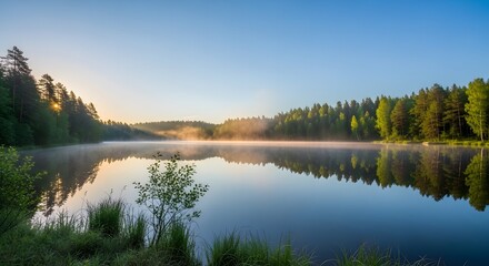 Morning Mist over Calm Forest Lake with Sunrise Reflection