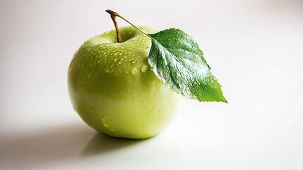 Fresh green apple with a leaf, captured from an overhead angle on a white surface, highlighting natural beauty.
