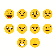 Fototapeta premium A collection of yellow round emoticons showing different facial expressions, including happy, sad, angry, and disappointed. Perfect for posters, book covers, or online articles about emotions, social 