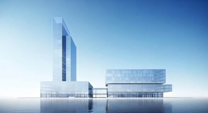 Modern architectural design of a sleek skyscraper and cubist buildings