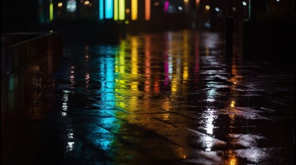 Neon lights reflecting on wet pavement creating an abstract urban night scene with moody tones.