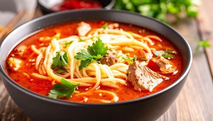 Bowl of spicy pasta soup with meat