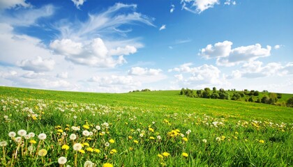 Field of dandelions in varying bloom stages with white seed heads, stretching across lush green grass under vibrant blue sky with scattered clouds, styled to capture peaceful countryside charm and nat