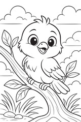 Black and white line drawing of a happy baby bird sitting on a branch with leaves. A coloring book page for kids, in a cartoon vector style with bold outlines and simple shapes. 