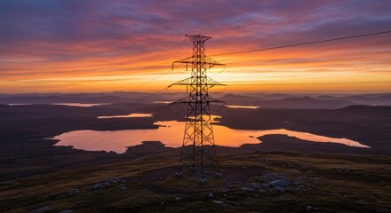 Power Line Silhouette at Sunset Over Scottish Highlands Lakes, Scotland