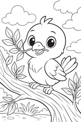 Simple line art of a smiling bird holding a leafy branch while sitting on a tree branch, surrounded by foliage and clouds. A coloring book page for kids