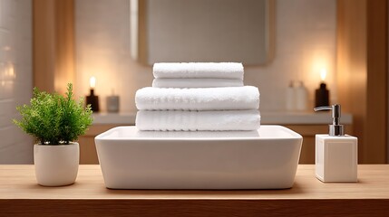 Cozy bathroom with stacked white towels and minimal decorative elements