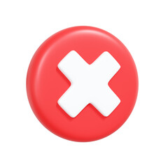 Minimal 3D render of a red round button with white cross symbol, representing reject, cancel, or error in clean modern style