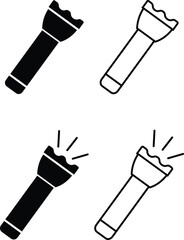 Hand torch flashlight set, black vector collection of electric lantern group in flat and line style, portable light, battery lamp, emergency beam outline, glowing tool icon bundle