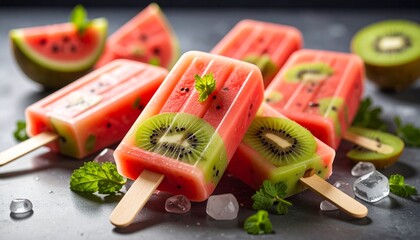 Dual-flavored popsicles with kiwi slices and watermelon base, upright with wooden sticks, surrounded by watermelon wedges, whole kiwi fruit, and mint sprigs on white surface.