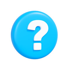 3D white question mark on blue button icon, symbol for help, inquiry, or FAQ, isolated on white background