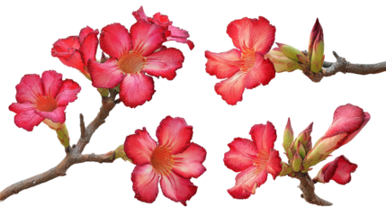 Collection of Adenium obesum flowers with branches isolated on white background