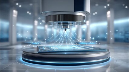 Futuristic 3d printer creating glowing circuit board with blue light particles in high tech laboratory scanning electronic technology and electronics - Powered by Adobe
