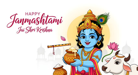 Fototapeta premium Happy Janmashtami! Lord Krishna with Butter Pot and Flute