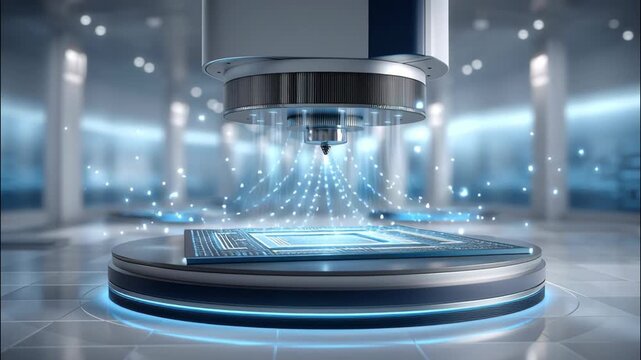 Futuristic 3d printer creating glowing circuit board with blue light particles in high tech laboratory scanning electronic technology and electronics