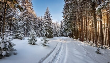 snow covered trail winding through a dense pine forest