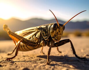 Close-up of a grasshopper in a desert landscape