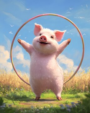 Cheerful pig performing tricks with a hula hoop in a sunny meadow, surrounded by vibrant nature
