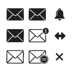 Collection of mail icons and symbols silhouette isolated on white background