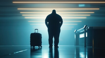 Overweight fat traveler standing on industrial airport scale beside a suitcase near the check-in counter, body diversity and social commentary