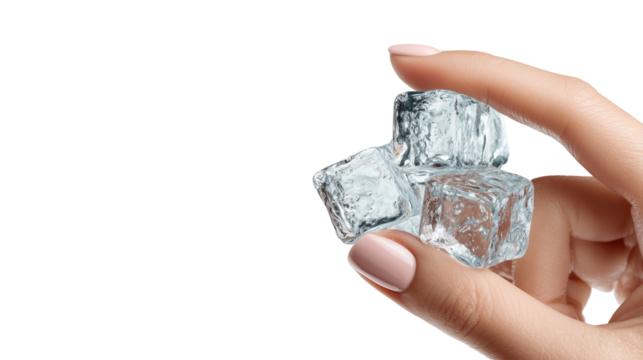 A transparent ice cube held in a hand reflects the blue light against a white background