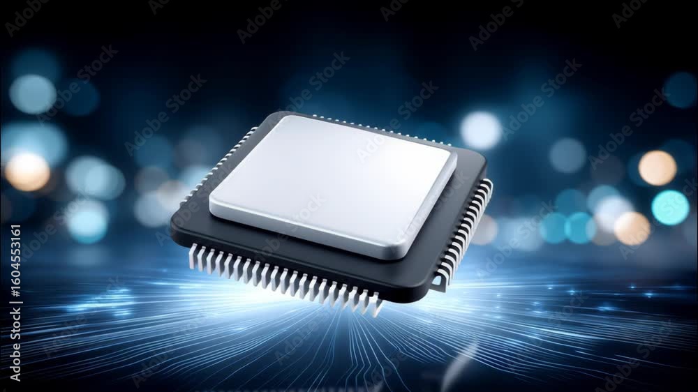 Poster microchip processor with glowing circuit lines and digital innovation showcasing advanced electronic