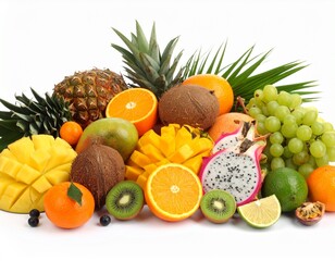 "Cinematic photography of various tropical fruits on a pristine white background. Emphasize unique details and vibrant, complementary colors. Full HD."