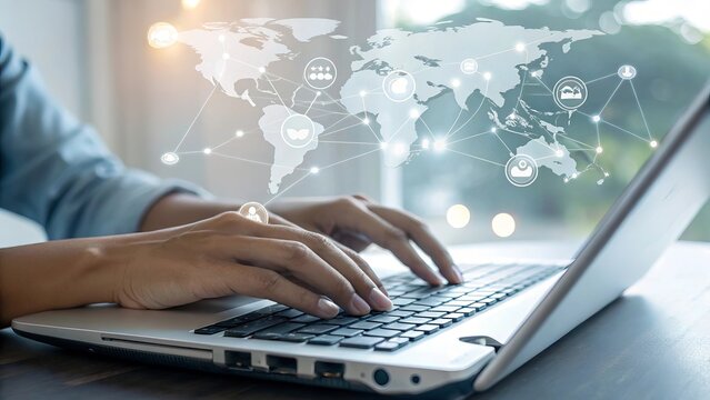 Person typing on a laptop with a glowing digital world map overlay