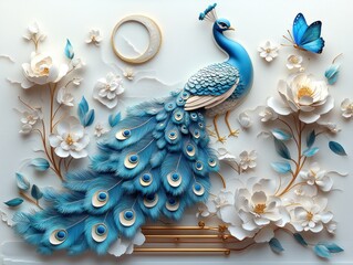 Peacock amidst ornate white flowers