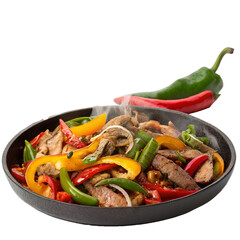 Close-Up of Sizzling Spicy Stir-Fry with Peppers Isolated on White Background