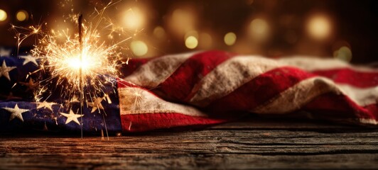 The patriotic sparkler illuminating the American flag on a rustic wooden table.